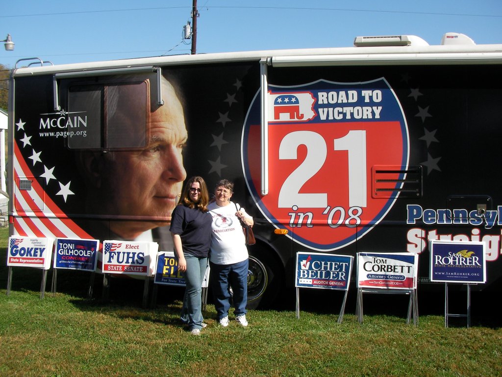 Bucks County volunteers pose in front of Pennsylvania's own Straight Talk Express.